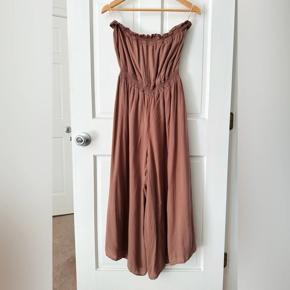 Wilfred Aritzia Masson Wide Leg Cropped Jumpsuit Strapless Nutmeg Brown Size M